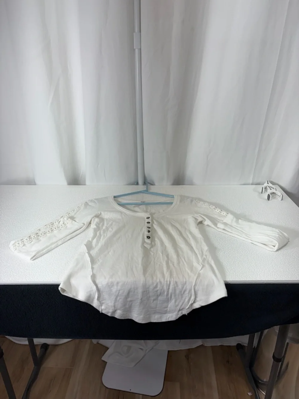 Free People Cream Lace-Trim Henley Long Sleeve Top 2968